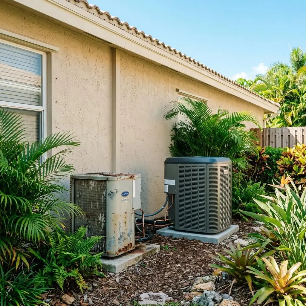 An older weathered AC condenser next to a new replacement unit outside a Florida home