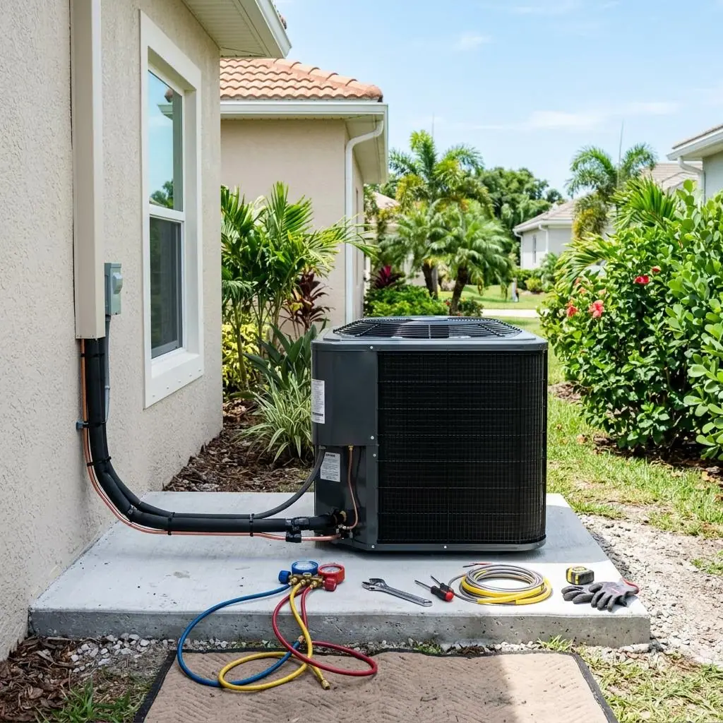 New outdoor air conditioning condenser being installed on a concrete pad beside an Orlando home