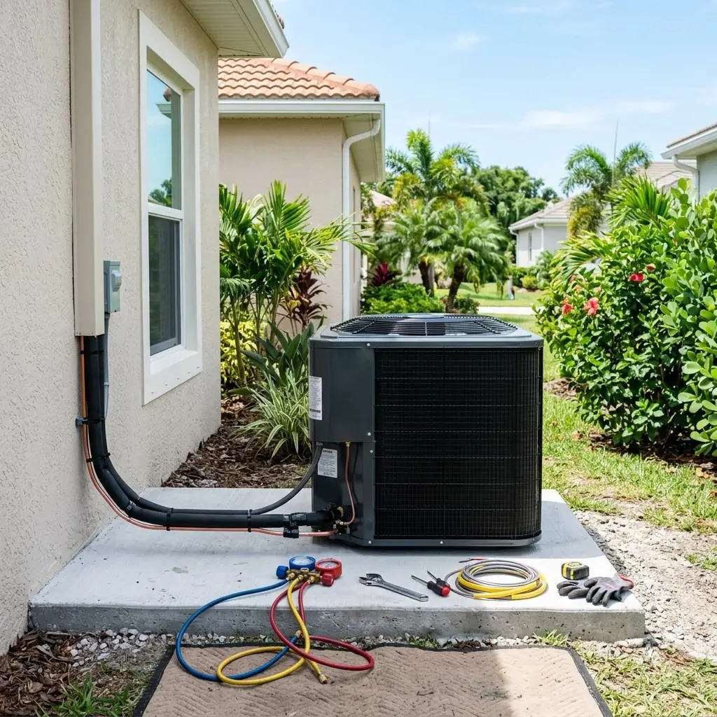 New outdoor air conditioning condenser being installed on a concrete pad beside an Orlando home