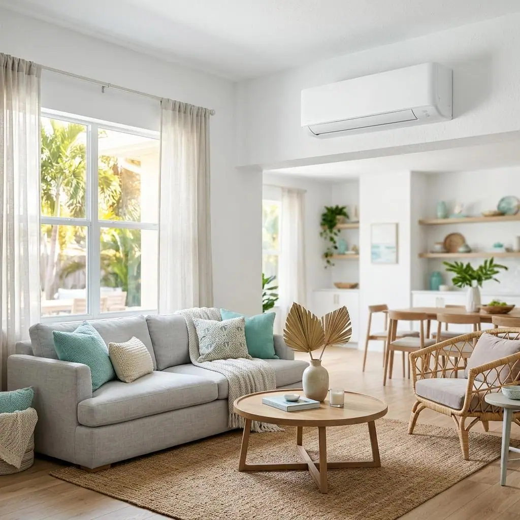 Wall mounted ductless mini split indoor unit in a bright Orlando living room