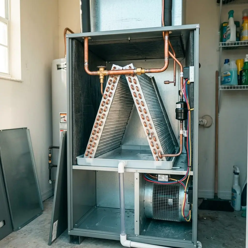 Open indoor air handler showing an A shaped evaporator coil ready for replacement
