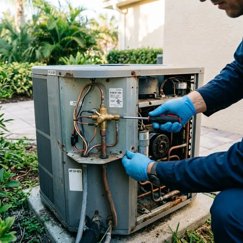 Technician opening the service panel of an outdoor heat pump to diagnose a repair
