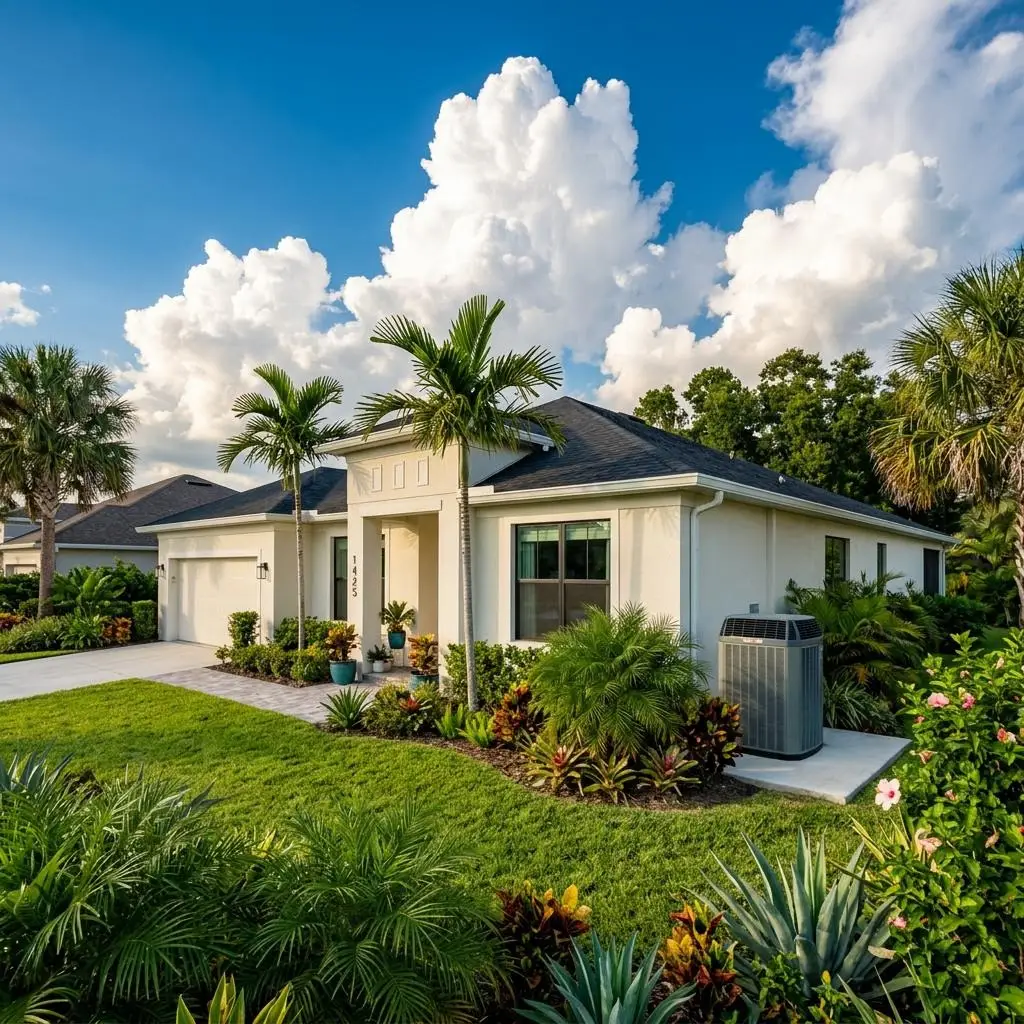 Orlando home with palm trees and an outdoor air conditioning unit under a bright Florida summer sky